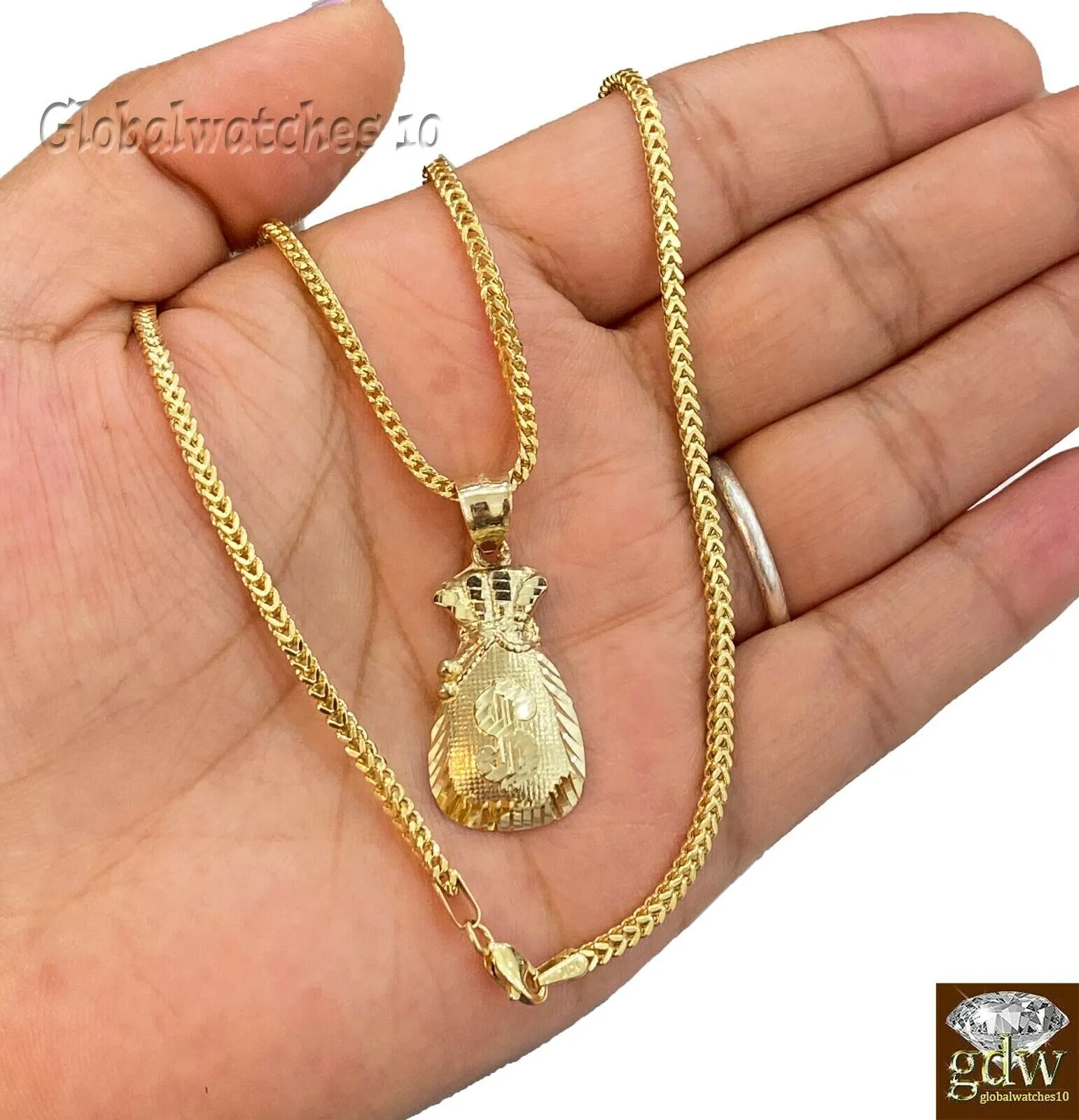 10k Gold Dollar Bag Charm Pendant Franco Chain  22 24 26 28 Inch Real