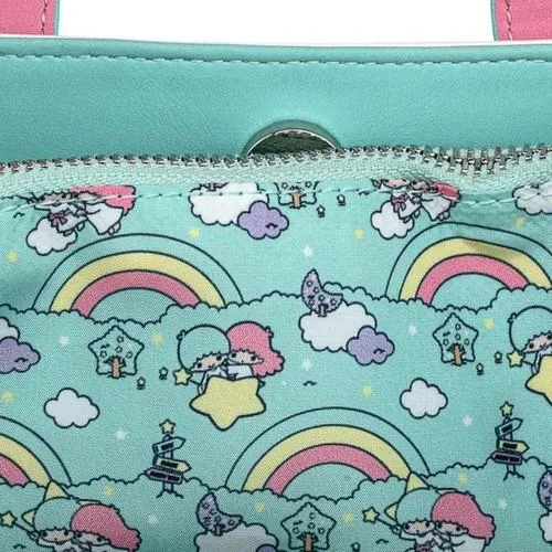 12" Sanrio : Little Twin Stars - Kiki and Lala Rainbow Print Faux Leather Crossbody Bag Loungefly