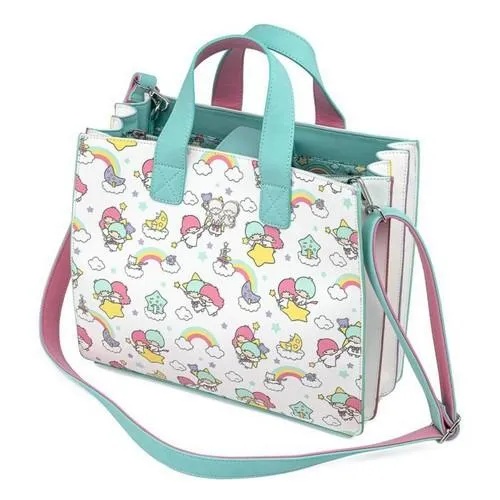 12" Sanrio : Little Twin Stars - Kiki and Lala Rainbow Print Faux Leather Crossbody Bag Loungefly