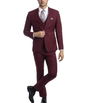 3 piece Burgundy Slim Fit Men's Suit with Vest Set