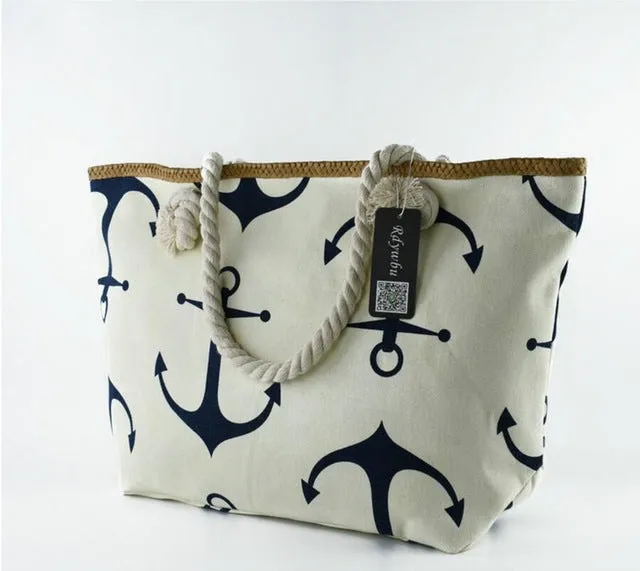 ASHORESHOP Summer Bag Hemp Rope Straw Weave Printed Anchor Canvas Bag