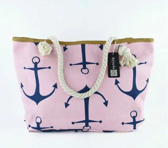 ASHORESHOP Summer Bag Hemp Rope Straw Weave Printed Anchor Canvas Bag