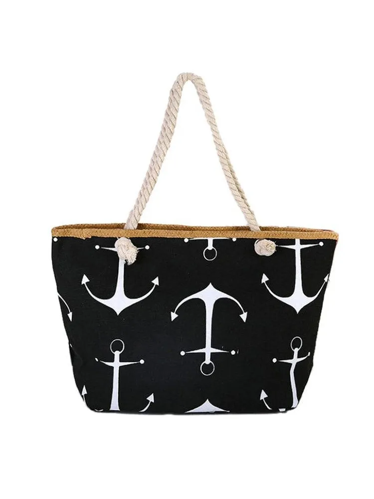 ASHORESHOP Summer Bag Hemp Rope Straw Weave Printed Anchor Canvas Bag