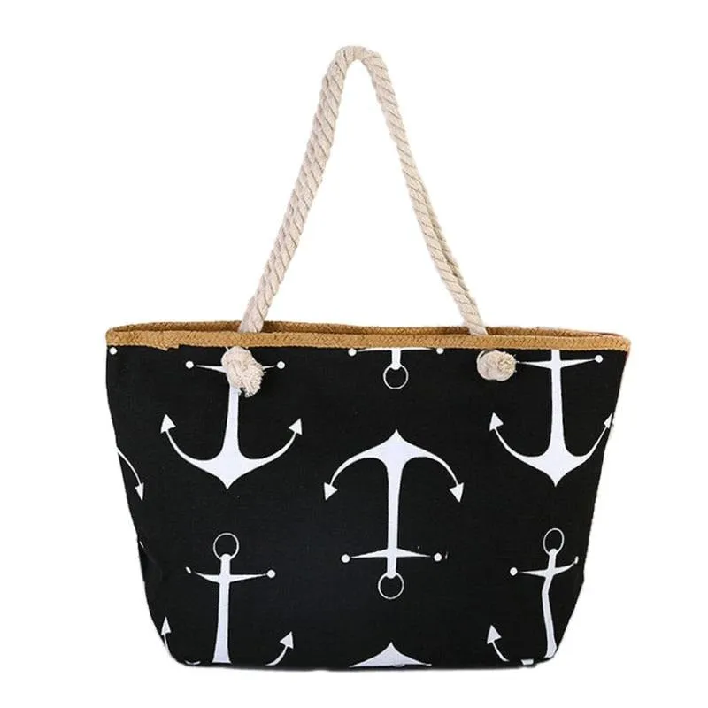 ASHORESHOP Summer Bag Hemp Rope Straw Weave Printed Anchor Canvas Bag