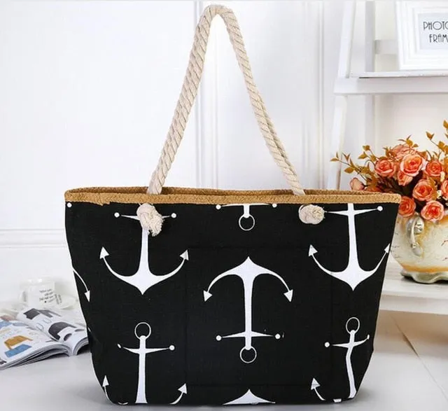 ASHORESHOP Summer Bag Hemp Rope Straw Weave Printed Anchor Canvas Bag