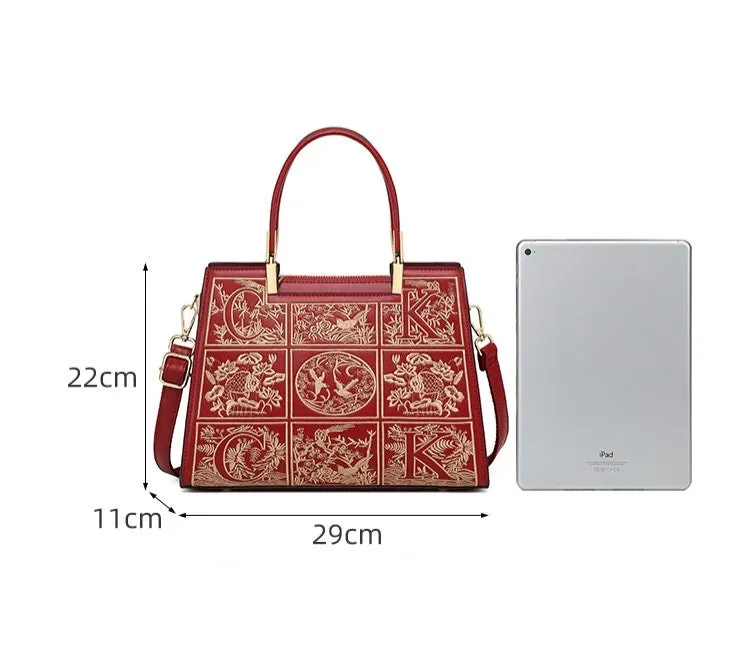 Beautiful Red, White & Blue Minimalist Embroidery Design Luxury Genuine Leather Handheld Handbag for Women, Shoulder Bag, Crossbody Bag