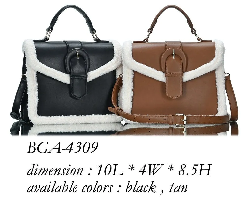 BGA4309 Sherpa Trim Buckle Satchel Crossbody