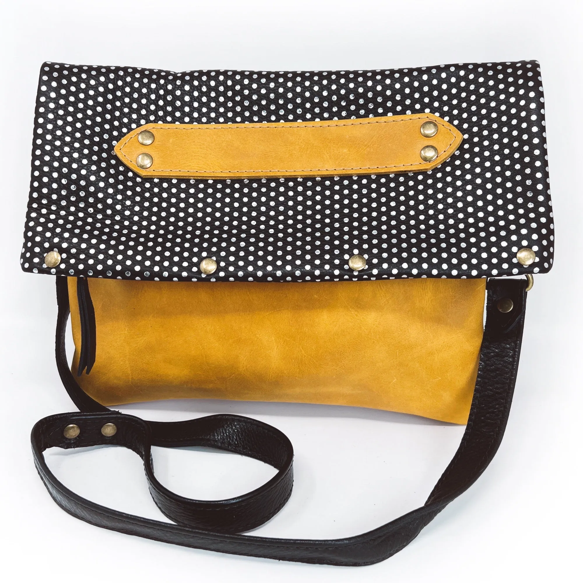 Black and Yellow Leather Polka Dot Foldover Crossbody & Clutch Bag For Women - READY TO SHIP