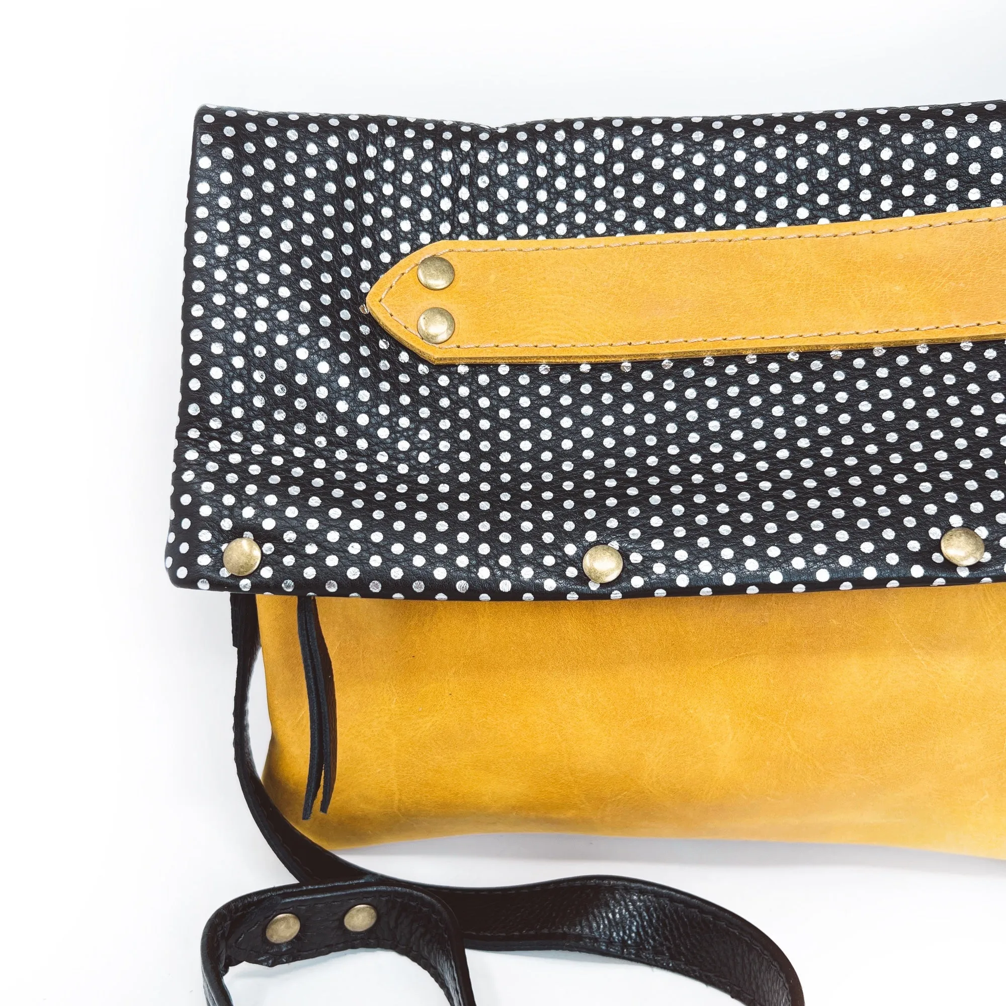 Black and Yellow Leather Polka Dot Foldover Crossbody & Clutch Bag For Women - READY TO SHIP