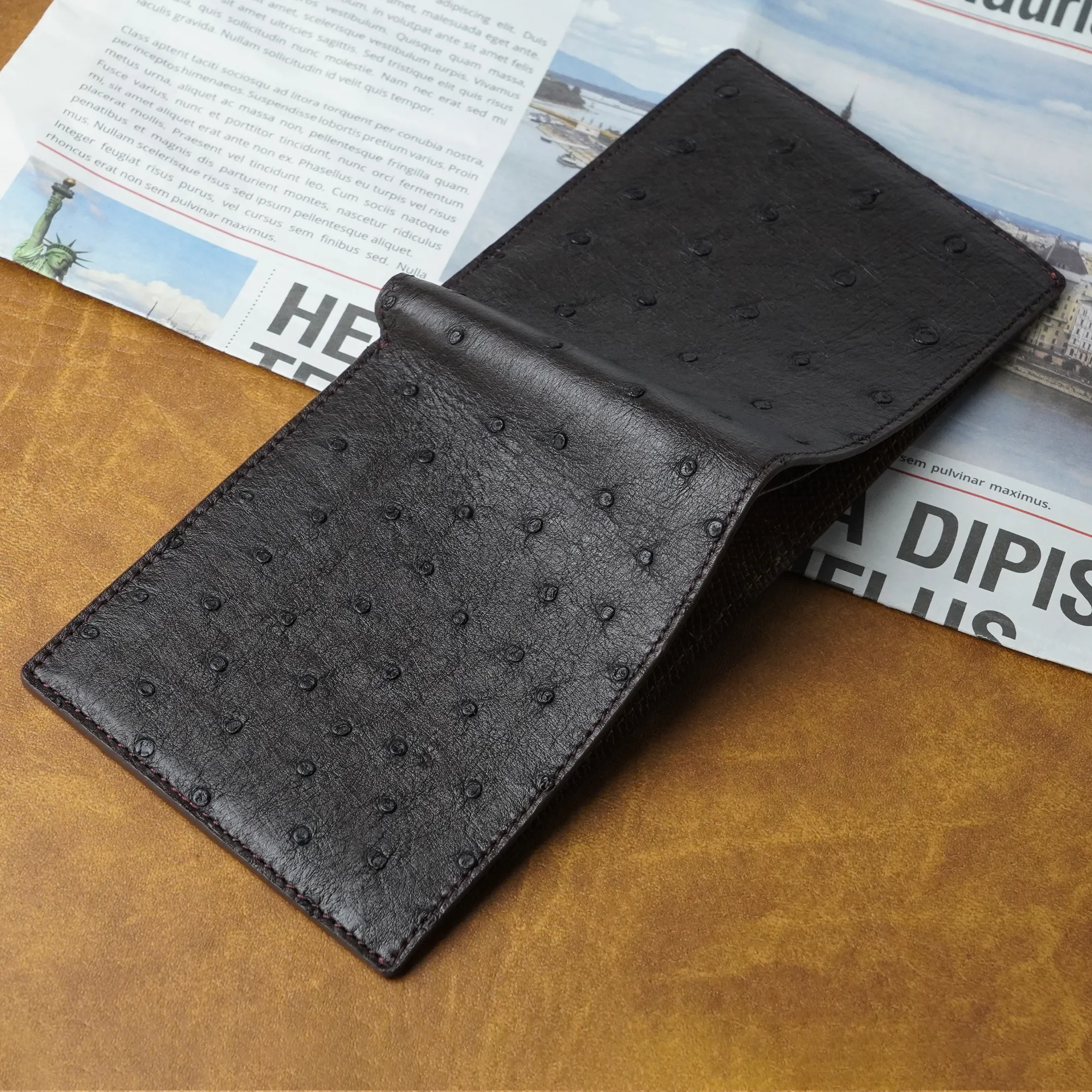 Black Brown Double Side Ostrich Leather Bifold Handmade Wallet RFID Blocking | VINAMOS-36