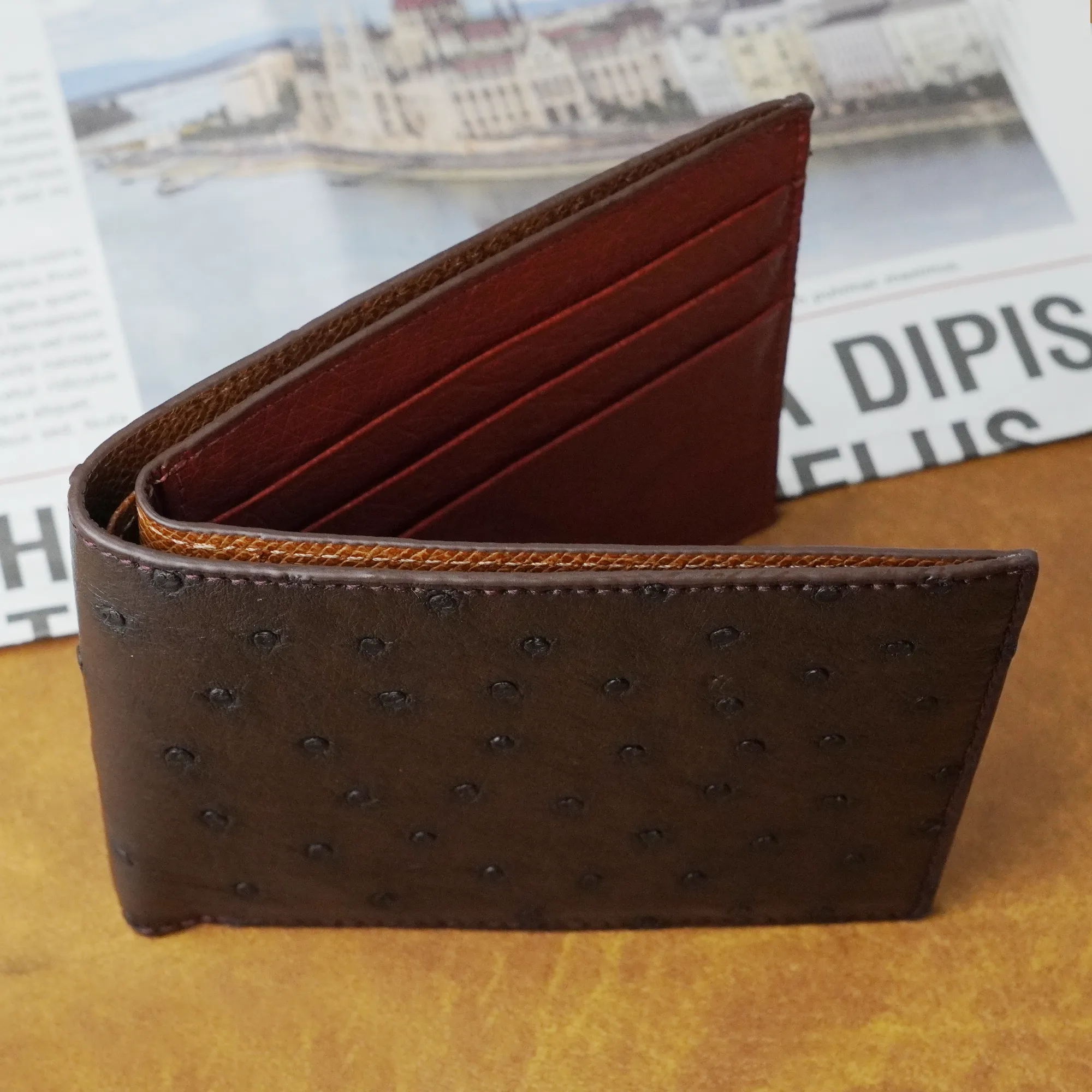 Black Brown Double Side Ostrich Leather Bifold Handmade Wallet RFID Blocking | VINAMOS-36