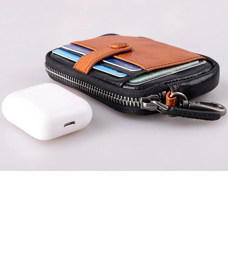 Black Brown Leather Mens Front Pocket Wallet Cool Small Zipper Card Wallet Key Wallet For Men