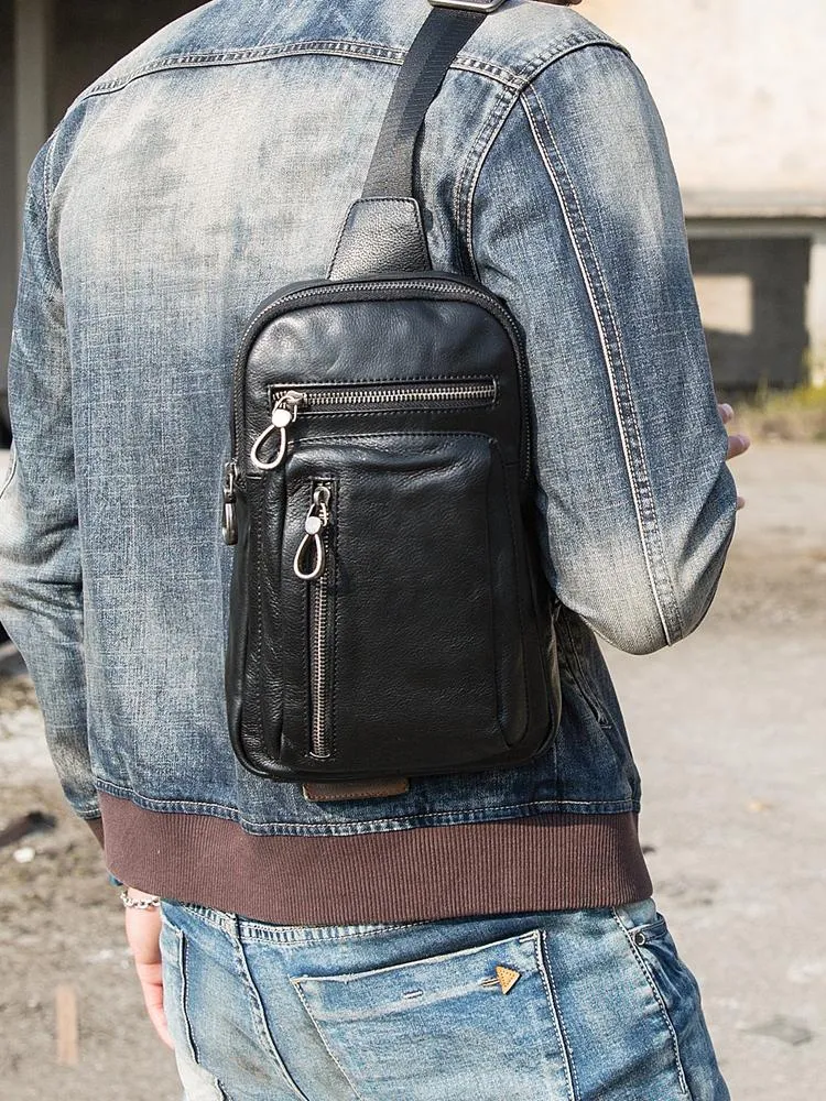 Black Casual Leather Mens 8 inches Sling Bag Chest Bag Black One Shoulder Backpack Phone Bag for Men