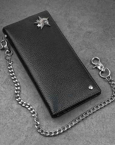 Black Casual Leather Mens Long Wallet Bifold Biker CHain Wallet Biker Wallet Chain Wallet For Men