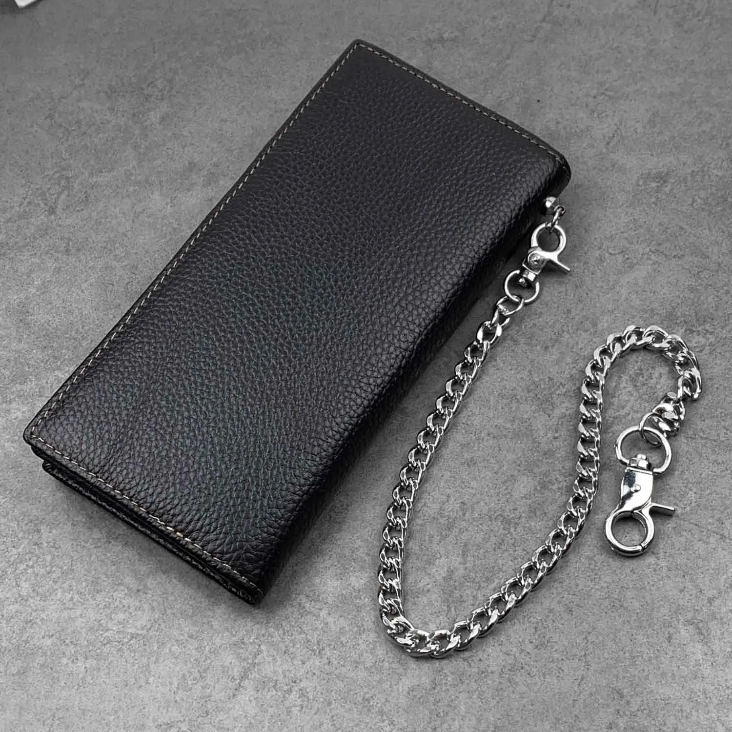 Black Casual Leather Mens Long Wallet Bifold Biker CHain Wallet Biker Wallet Chain Wallet For Men