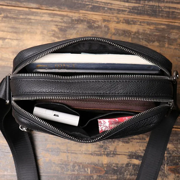 Black Cool Leather Small Zipper Messenger Bag Black Courier Bag Side Bag Black Shoulder Bag For Men