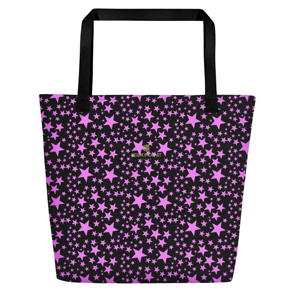 Black Pink Star Beach Bag, Star Pattern Large 16"x20" Shopping Bag - Made in USA/EU