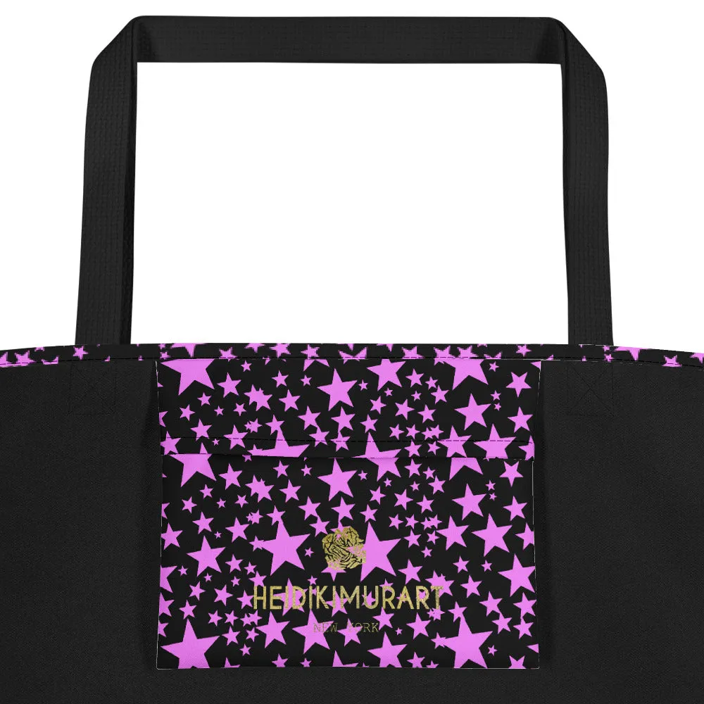 Black Pink Star Beach Bag, Star Pattern Large 16"x20" Shopping Bag - Made in USA/EU