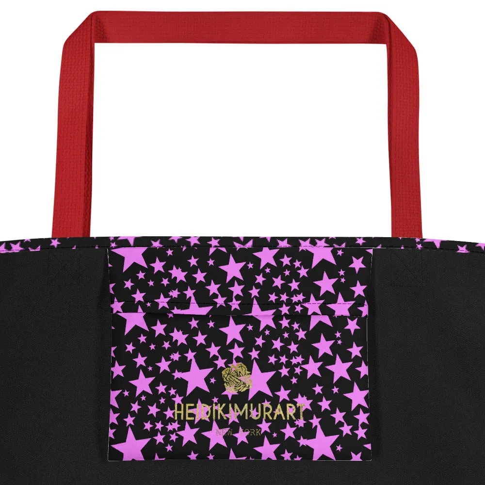 Black Pink Star Beach Bag, Star Pattern Large 16"x20" Shopping Bag - Made in USA/EU