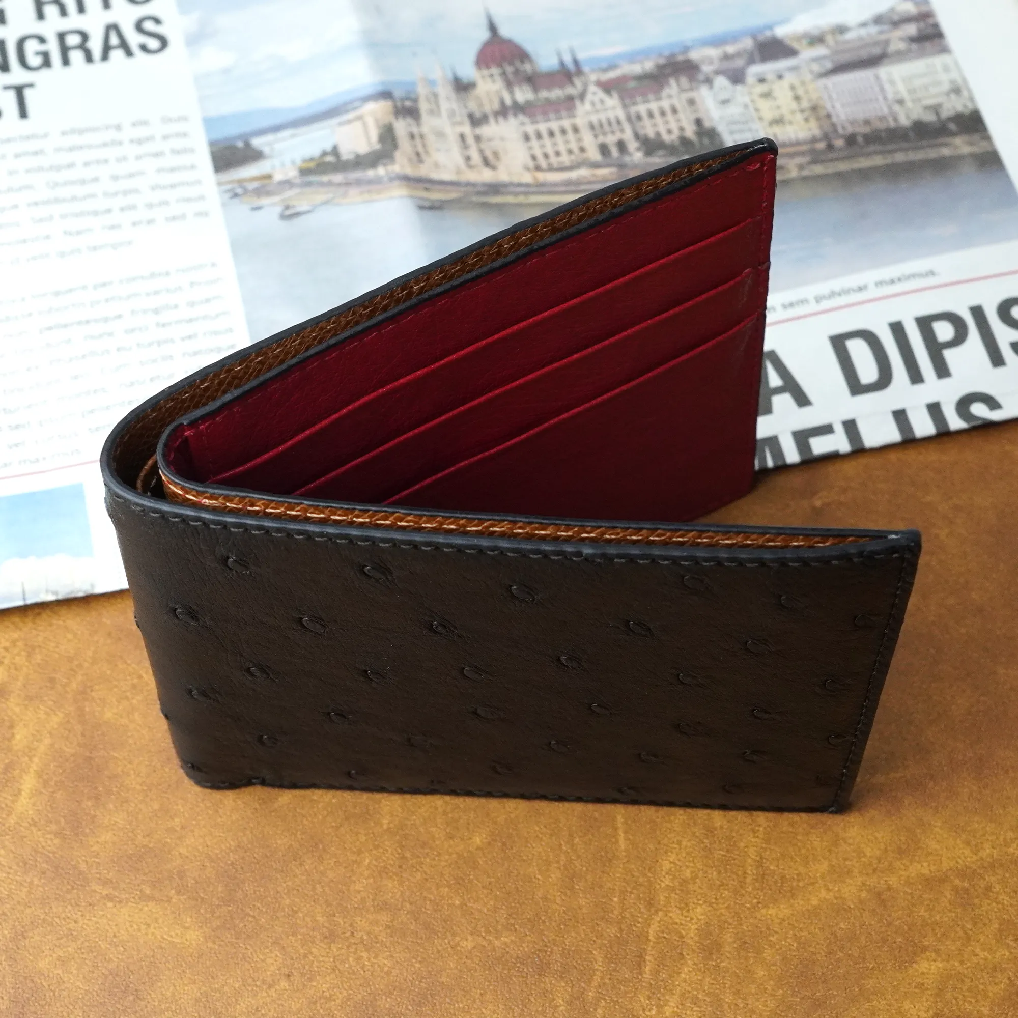 Black Red Double Side Ostrich Leather Bifold Handmade Wallet RFID Blocking | VINAMOS-17