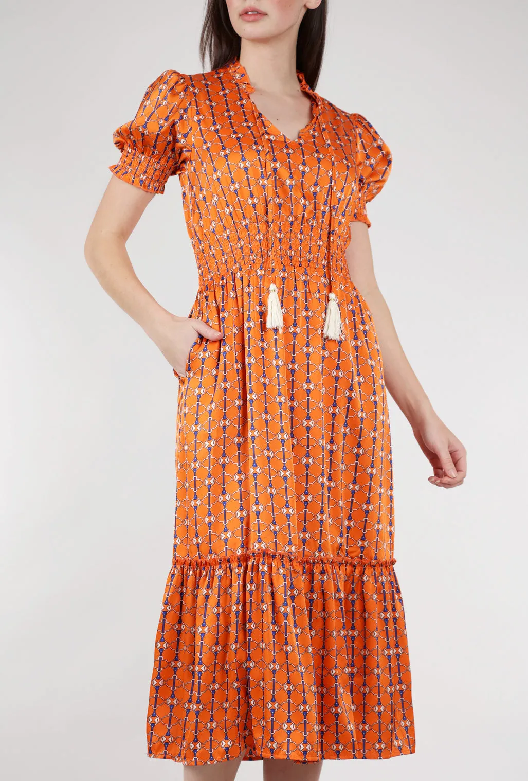 Chain Pattern Smocked Maxi Dress