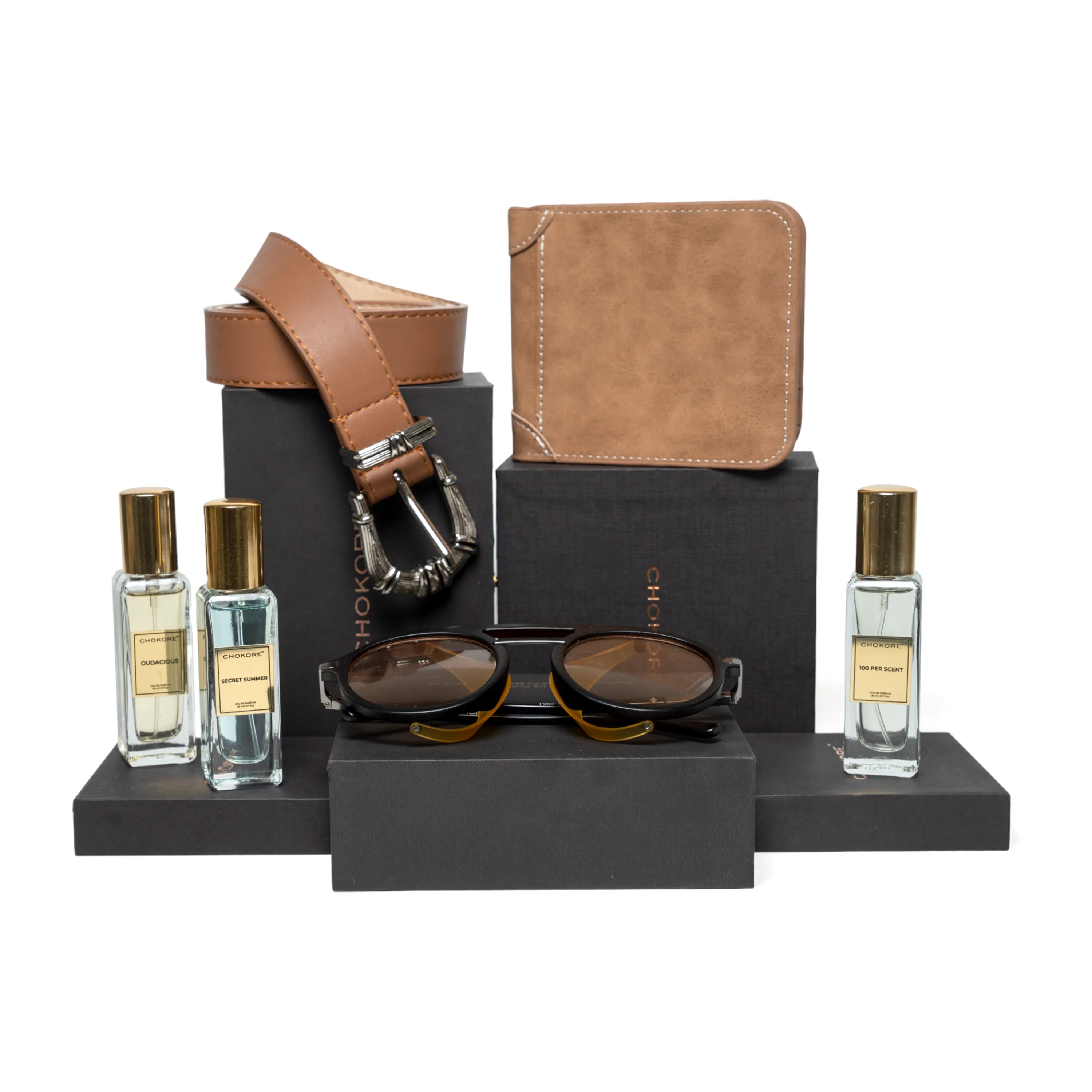 Chokore Special 4-in-1 Gift Set for Him & Her (Belt, Wallet, Sunglasses, & Perfume Combo)