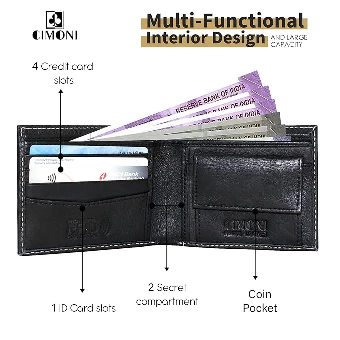 CIMONI® Premium Genuine Leather Wallet for Men Casual Wallet with RFID Protection 4 Card 1 Coin Slots Slim Elegant Design Wallet (Color - Black)