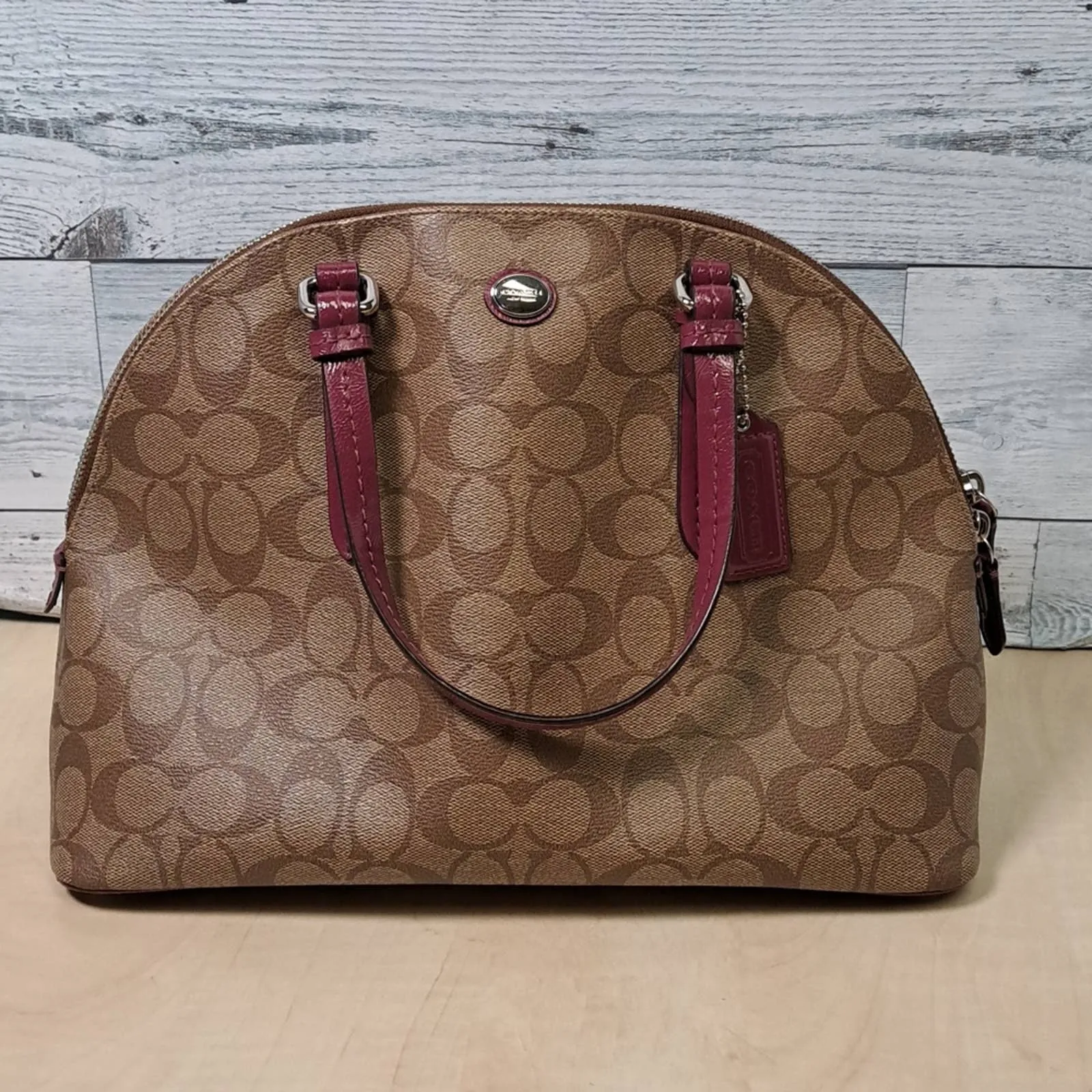 Coach Peyton Signature Cora Dome Satchel in Khaki and Plum