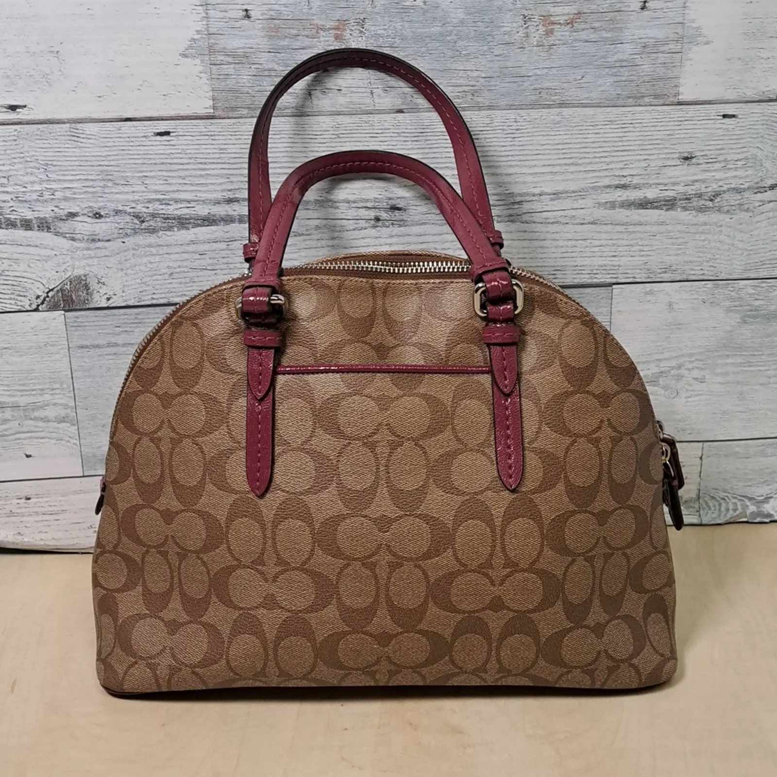 Coach Peyton Signature Cora Dome Satchel in Khaki and Plum