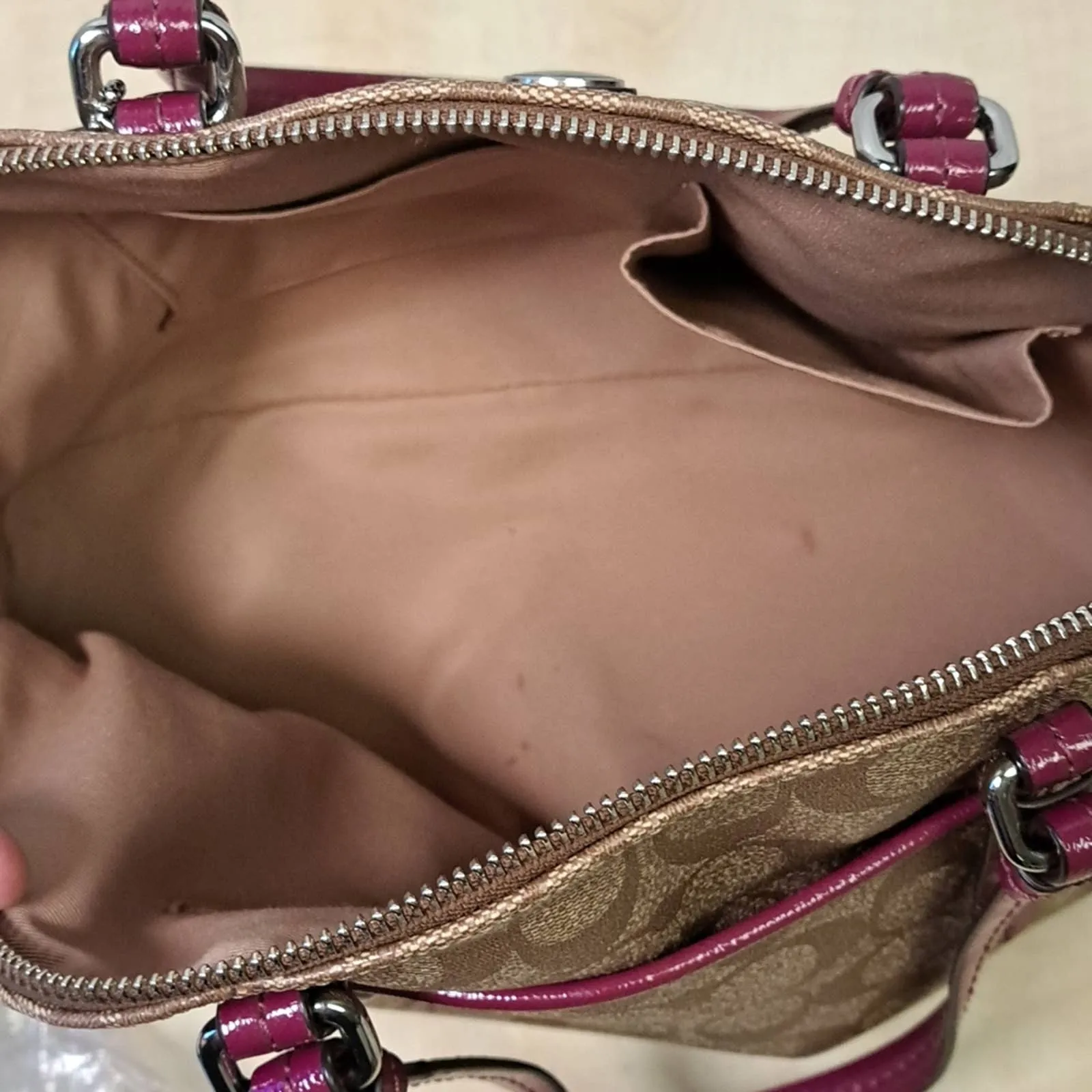 Coach Peyton Signature Cora Dome Satchel in Khaki and Plum