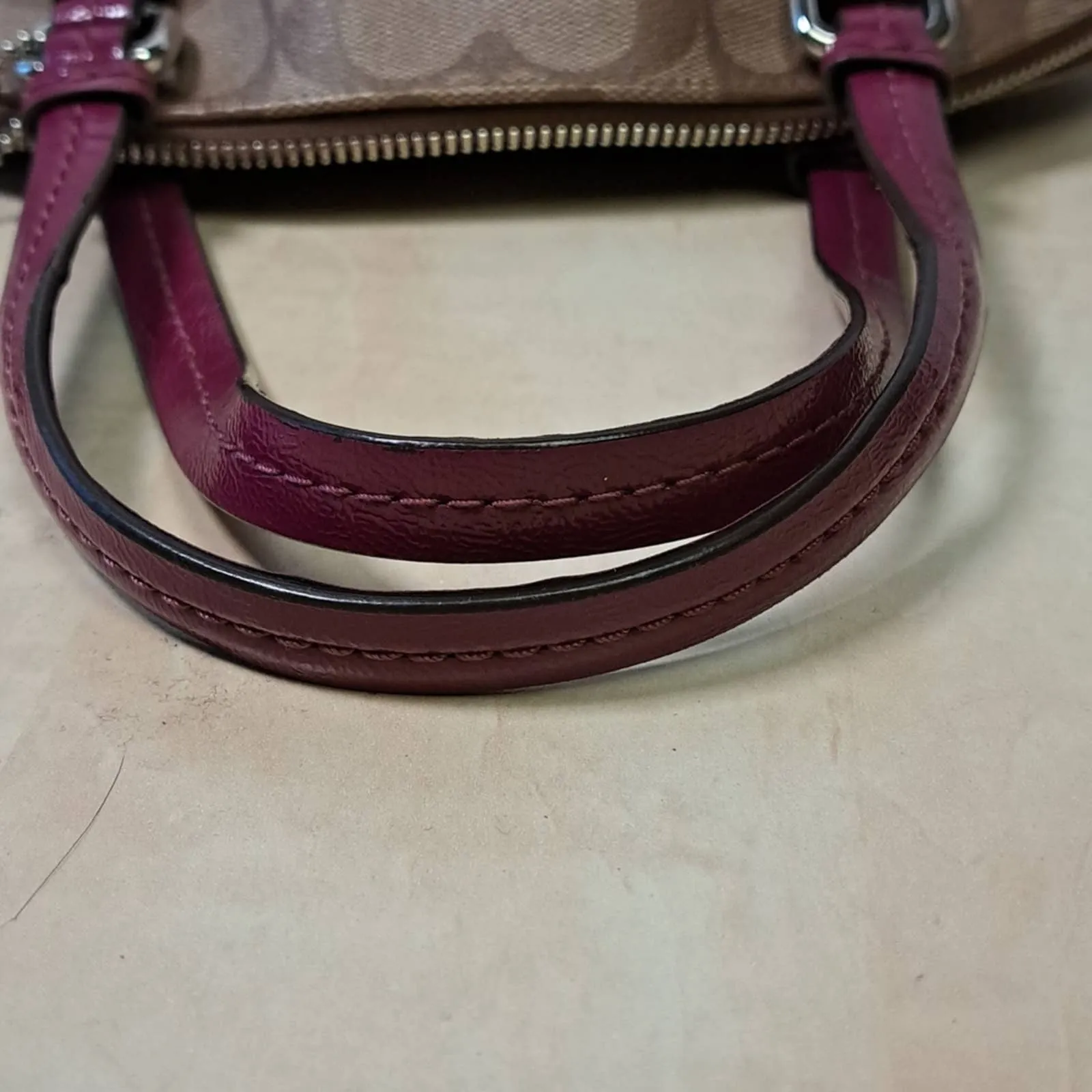 Coach Peyton Signature Cora Dome Satchel in Khaki and Plum