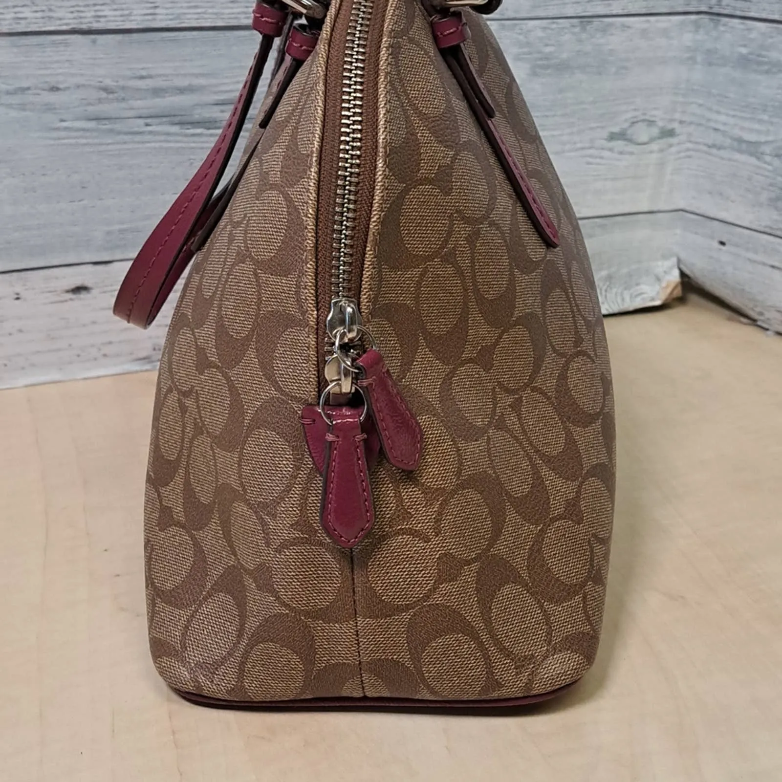 Coach Peyton Signature Cora Dome Satchel in Khaki and Plum