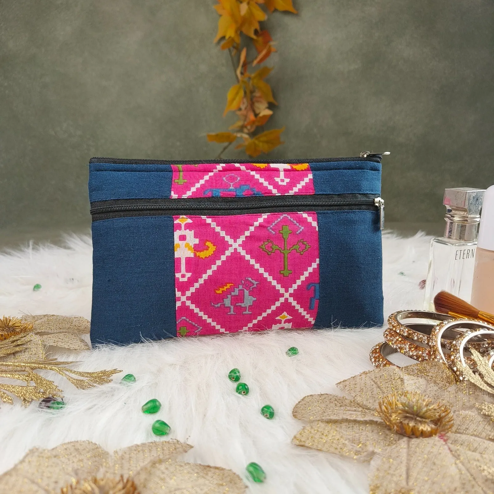 Cotton  Multizip Purse Navy Blue Colour With Pink Prints.