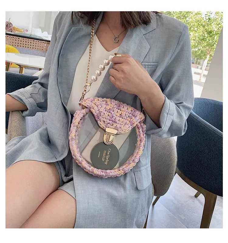 Cute Round Blue&White(Flap) Crochet Crossbody Purse PMMA Crochet Shoulder Round Handbag for Girl Circle Crochet Crossbody Purses