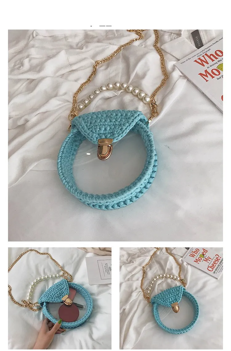 Cute Round Blue&White(Flap) Crochet Crossbody Purse PMMA Crochet Shoulder Round Handbag for Girl Circle Crochet Crossbody Purses