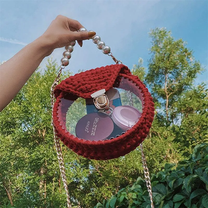 Cute Round Blue&White(Flap) Crochet Crossbody Purse PMMA Crochet Shoulder Round Handbag for Girl Circle Crochet Crossbody Purses