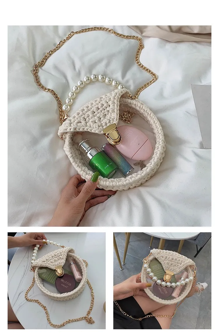 Cute Round Blue&White(Flap) Crochet Crossbody Purse PMMA Crochet Shoulder Round Handbag for Girl Circle Crochet Crossbody Purses