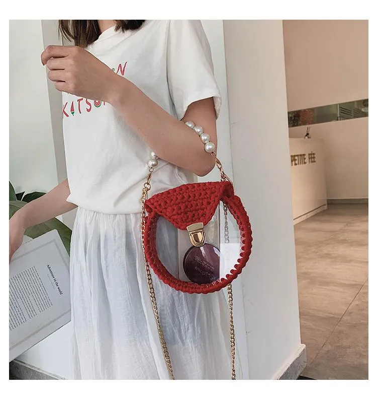 Cute Round Blue&White(Flap) Crochet Crossbody Purse PMMA Crochet Shoulder Round Handbag for Girl Circle Crochet Crossbody Purses