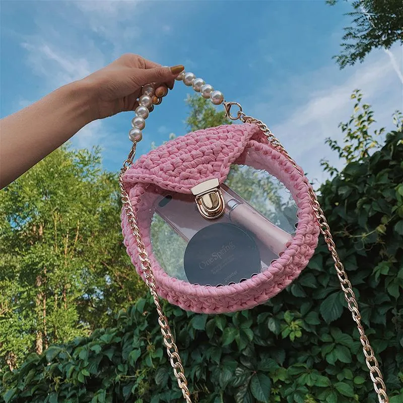 Cute Round Blue&White(Flap) Crochet Crossbody Purse PMMA Crochet Shoulder Round Handbag for Girl Circle Crochet Crossbody Purses