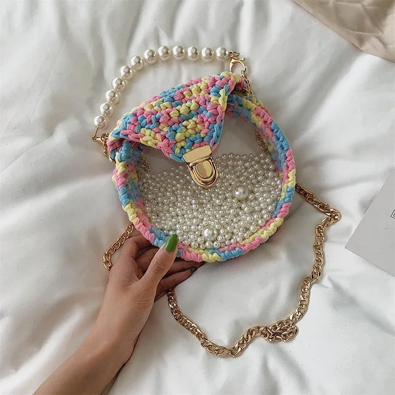 Cute Round Blue&White(Flap) Crochet Crossbody Purse PMMA Crochet Shoulder Round Handbag for Girl Circle Crochet Crossbody Purses