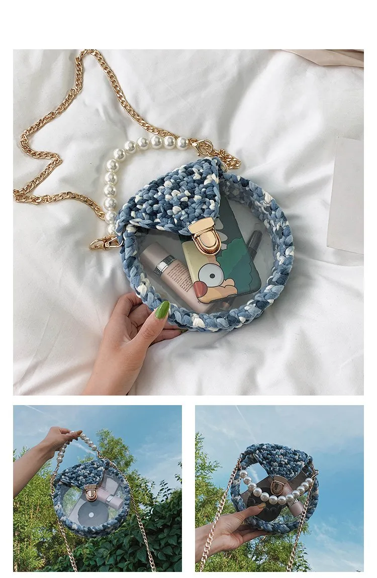 Cute Round Blue&White(Flap) Crochet Crossbody Purse PMMA Crochet Shoulder Round Handbag for Girl Circle Crochet Crossbody Purses