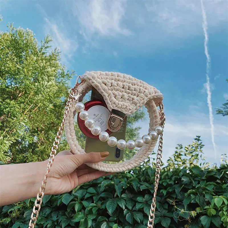 Cute Round Blue&White(Flap) Crochet Crossbody Purse PMMA Crochet Shoulder Round Handbag for Girl Circle Crochet Crossbody Purses