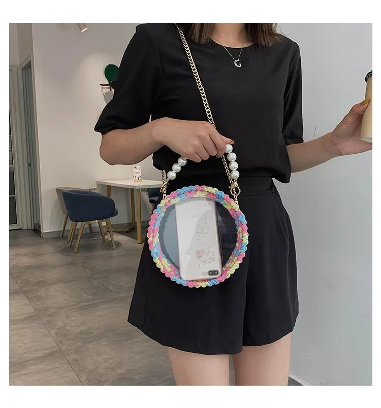 Cute Round Blue&White(Flap) Crochet Crossbody Purse PMMA Crochet Shoulder Round Handbag for Girl Circle Crochet Crossbody Purses