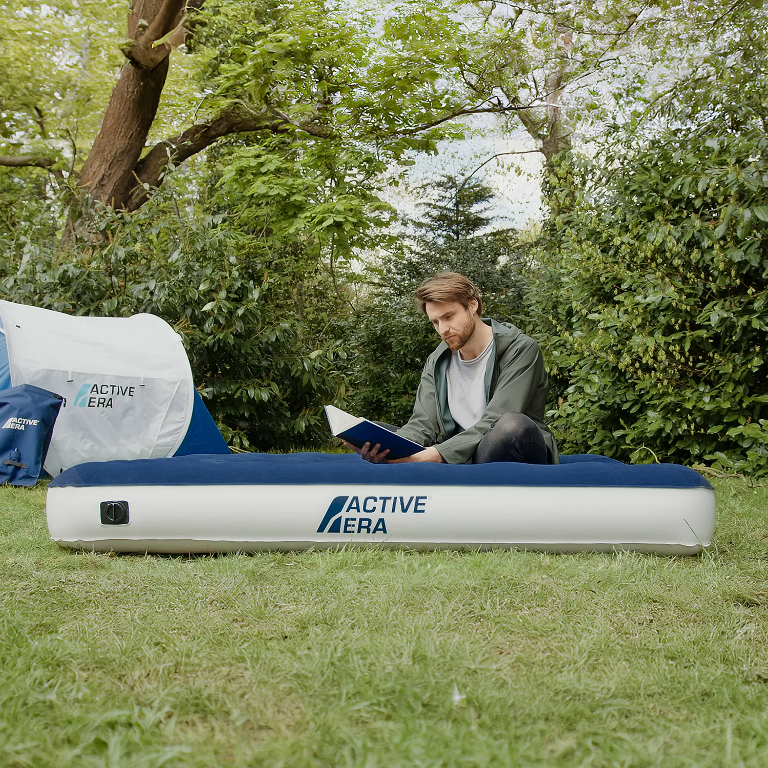 Double Size Camping Air Bed with Bag Pump – Navy/White