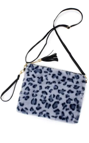 EAB9564 Grey Leopard Fur Crossbody Clutch Bag