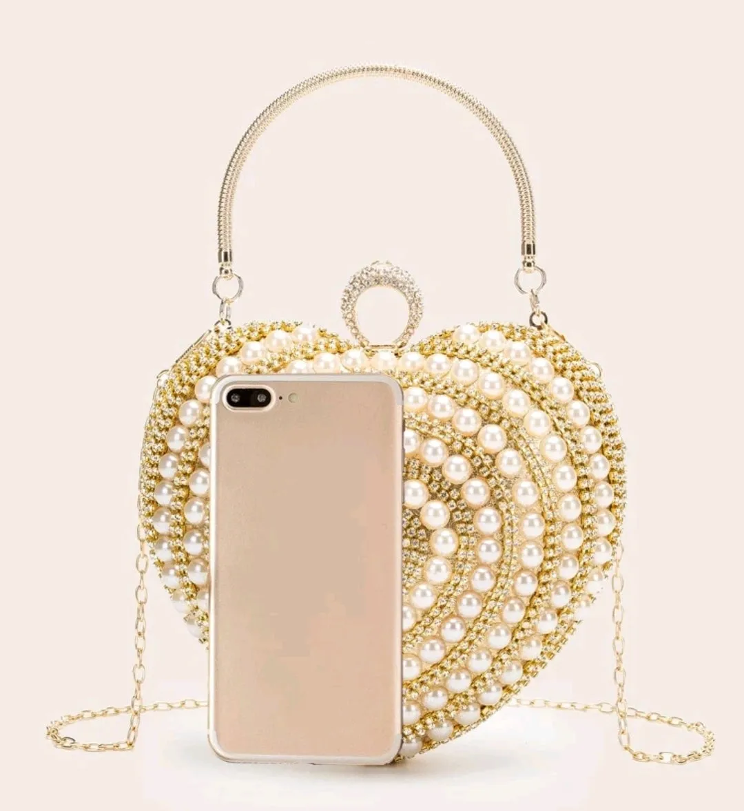 Faux pearl & rhinestone decor heart shaped bag.