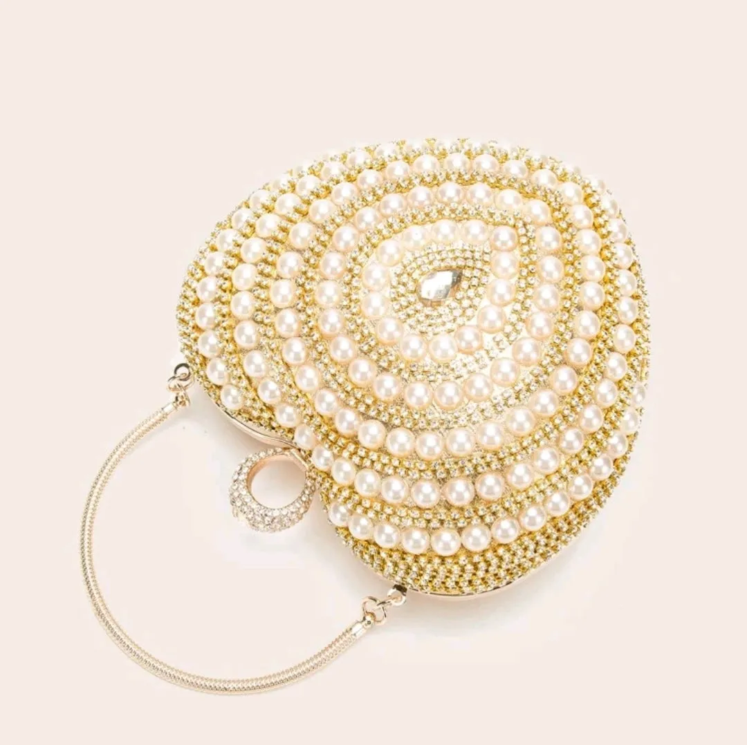 Faux pearl & rhinestone decor heart shaped bag.