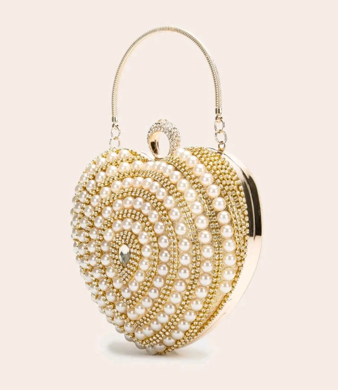 Faux pearl & rhinestone decor heart shaped bag.