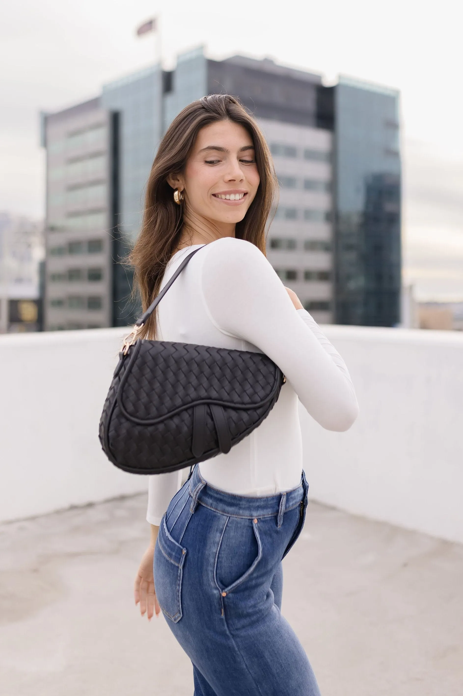 Frankie Vegan Leather Woven Shoulder Purse Black