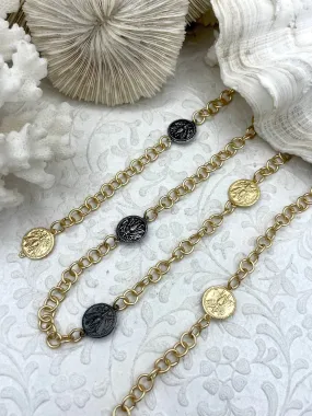 French Bee Coin Rolo Chain with Tri Color 15mm Coins, Matte Gunmetal, Burnished Silver, Matte Gold Mixed, Small Rolo, By the foot,Fast Ship